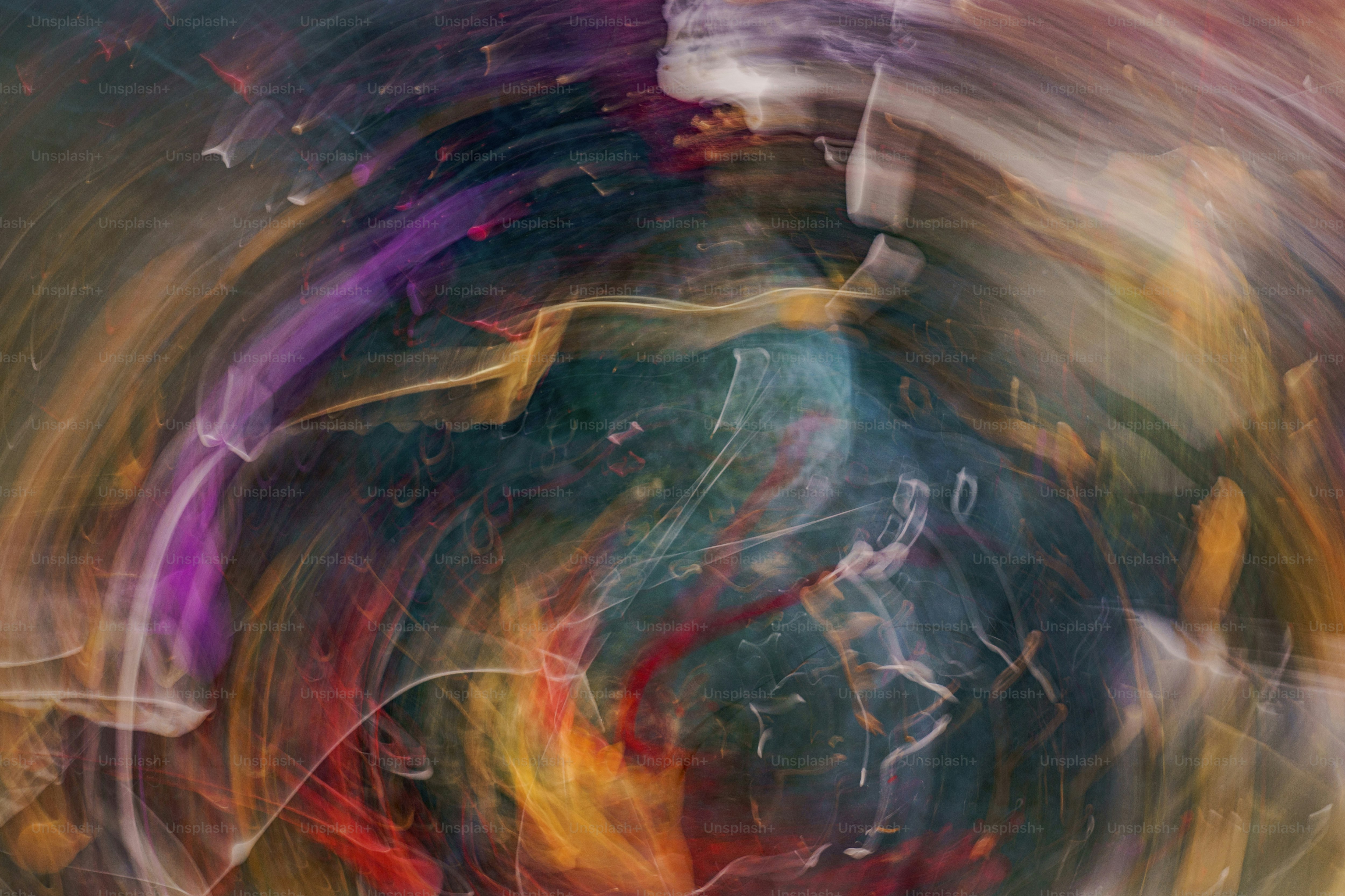 an abstract painting of a blue, yellow, red, and orange swirl