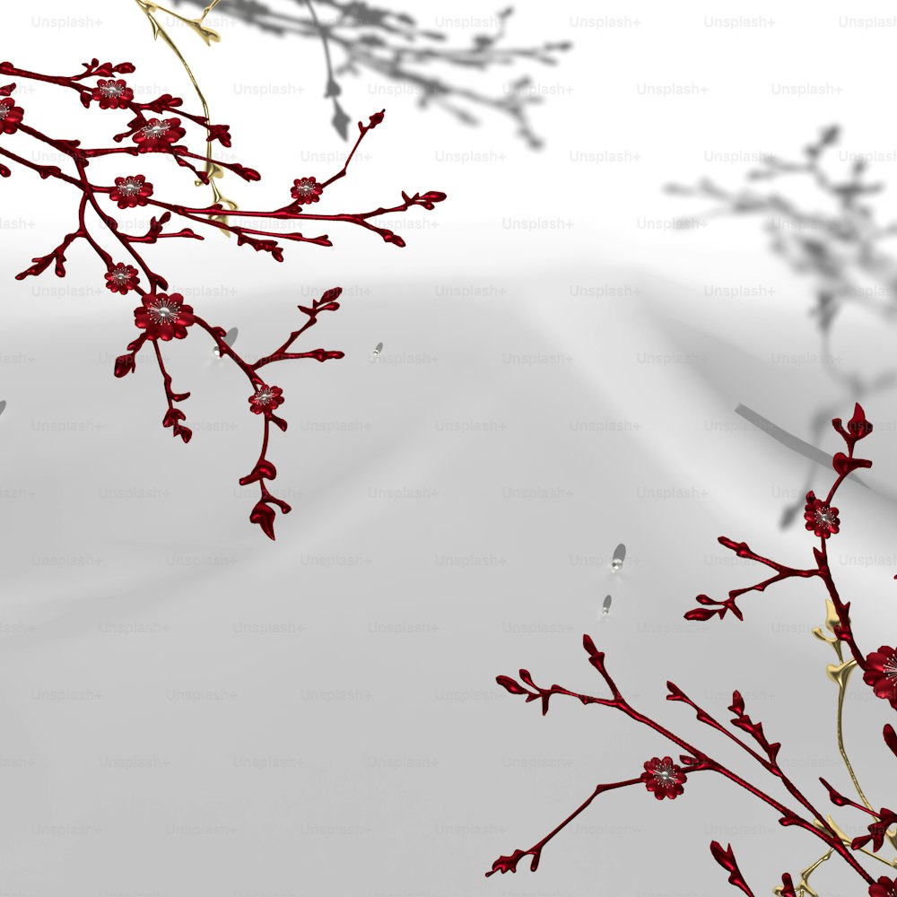 une branche avec des fleurs rouges devant un fond blanc