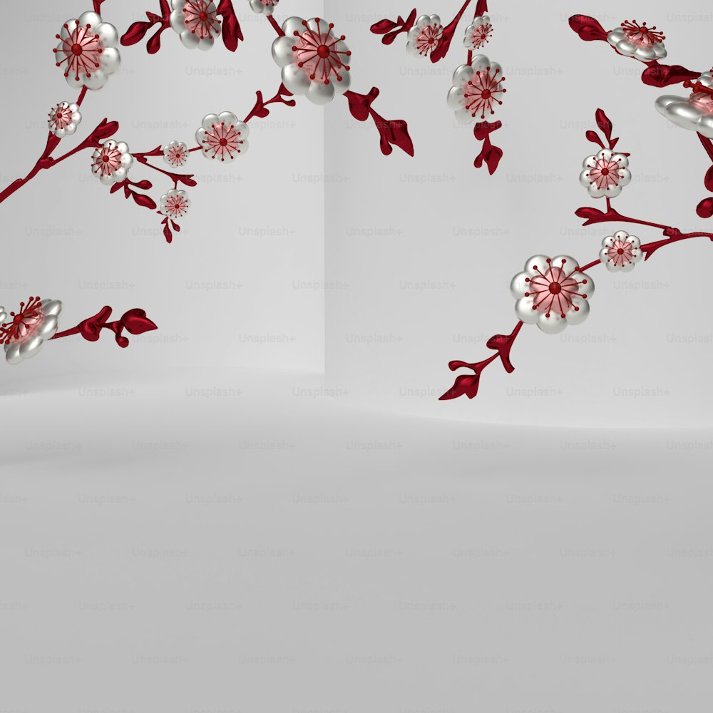 Un arreglo floral rojo y blanco sobre un fondo blanco
