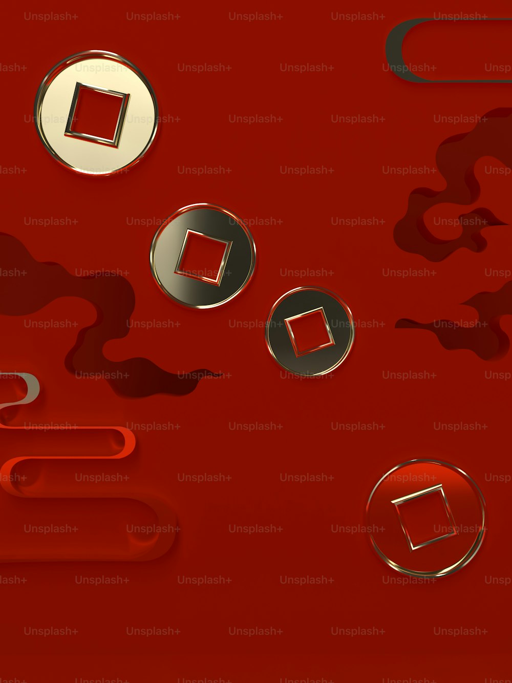 um fundo vermelho com um monte de objetos de metal
