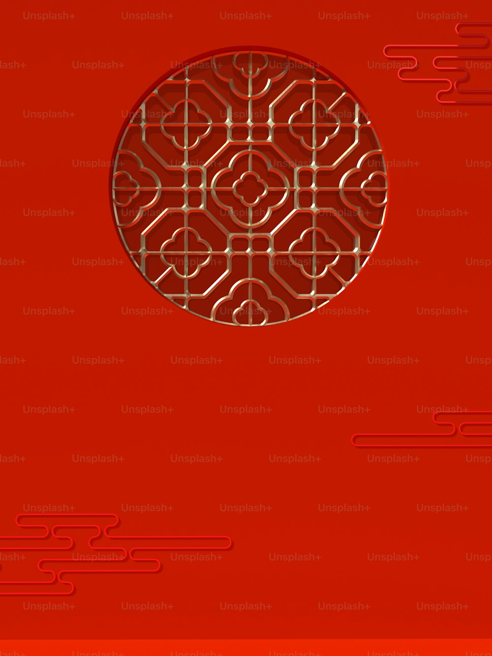 una pared roja con un diseño circular