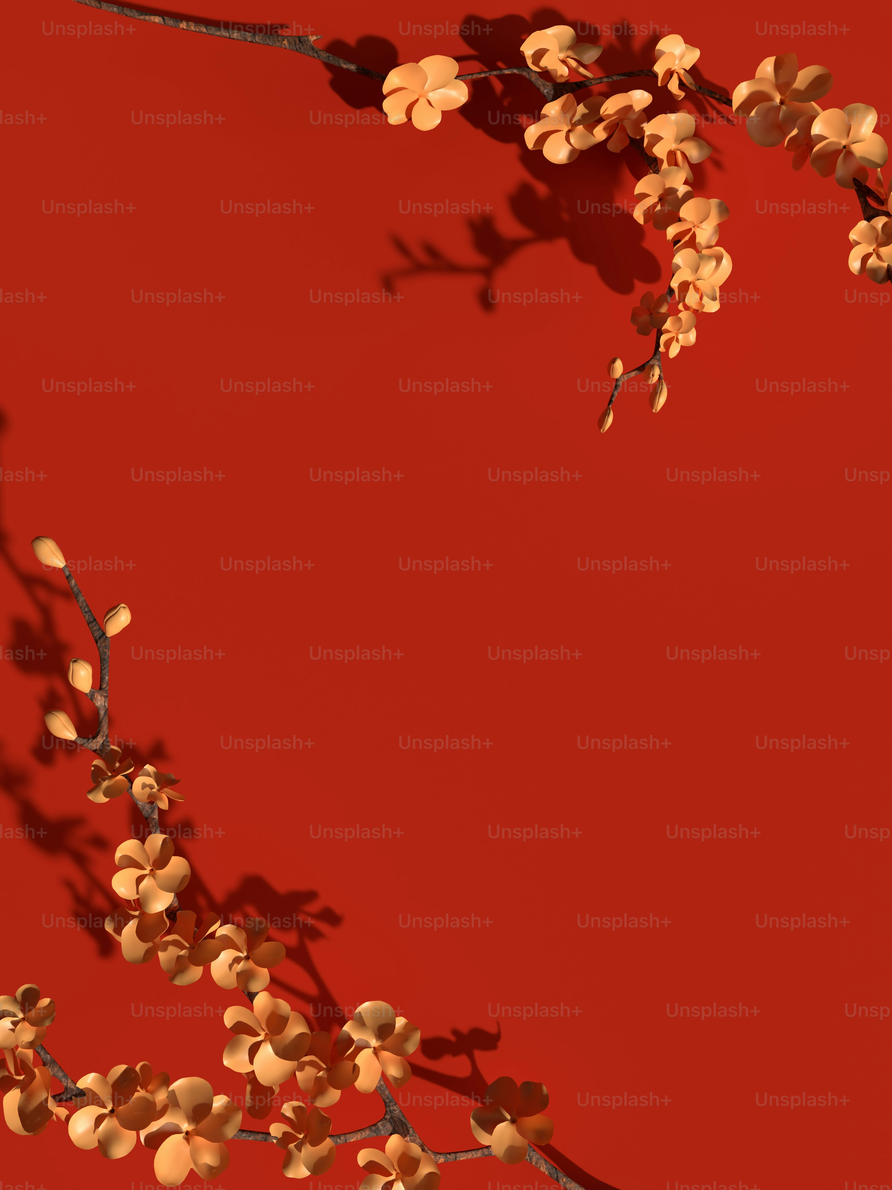 a branch of a tree with flowers on a red background