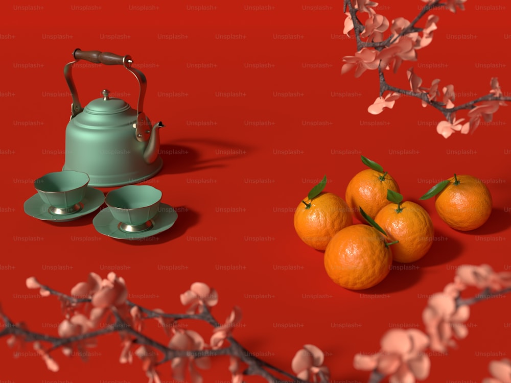 Un gruppo di arance sedute in cima a un tavolo rosso