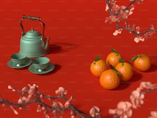 a group of oranges sitting on top of a red table