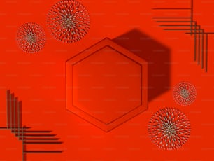 a red background with a hexagonal object in the middle