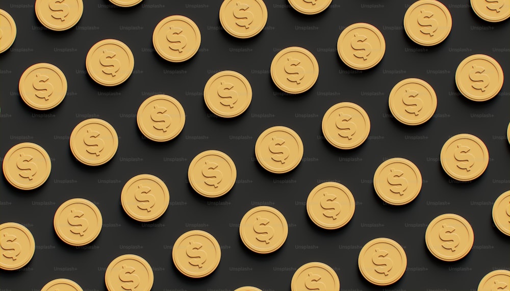 Eine Gruppe von Goldmünzen, die auf einer schwarzen Oberfläche sitzen