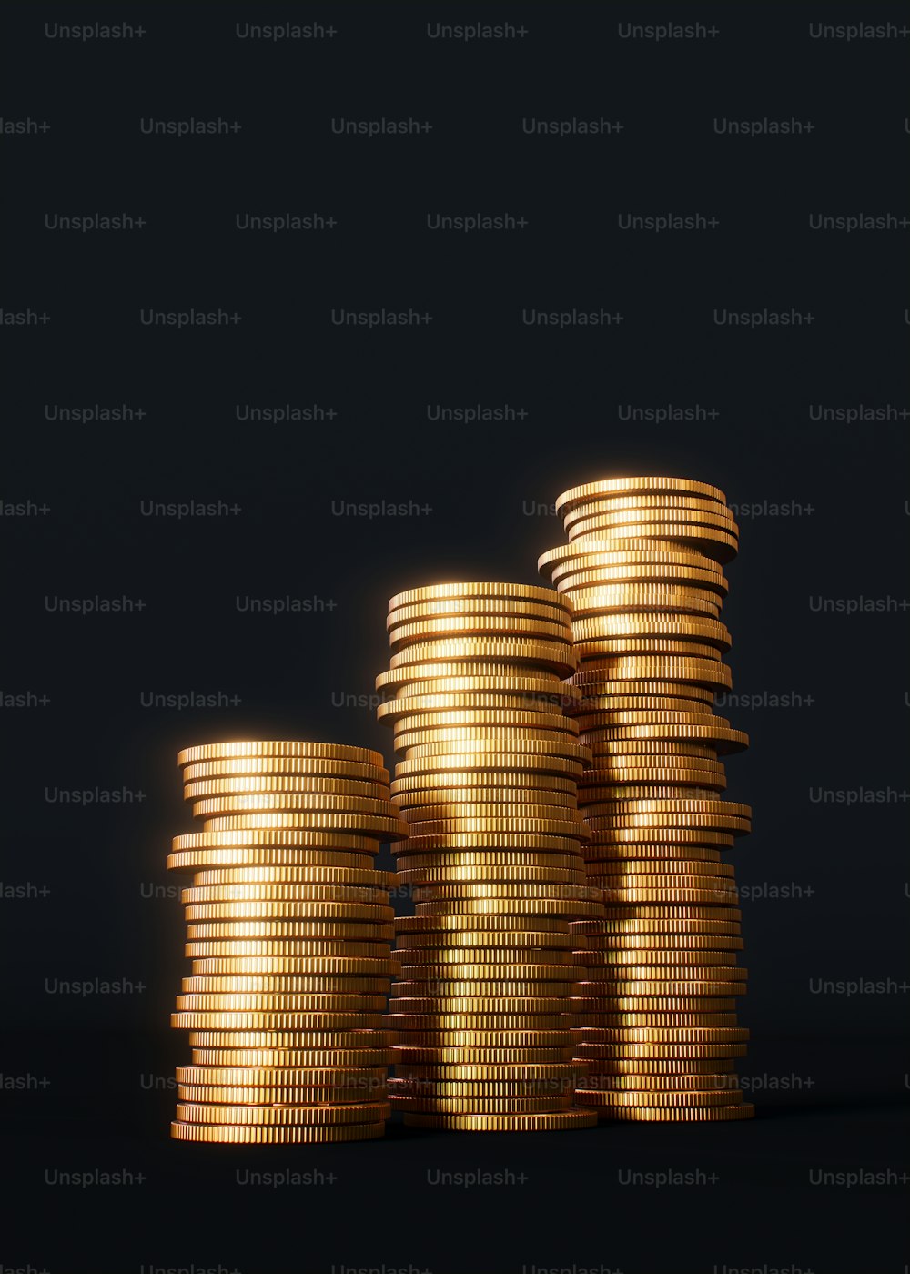 a stack of gold coins on a black background