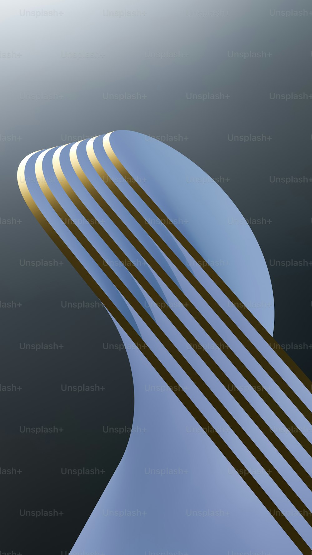 Una imagen abstracta de una estructura curva con rayas doradas y azules
