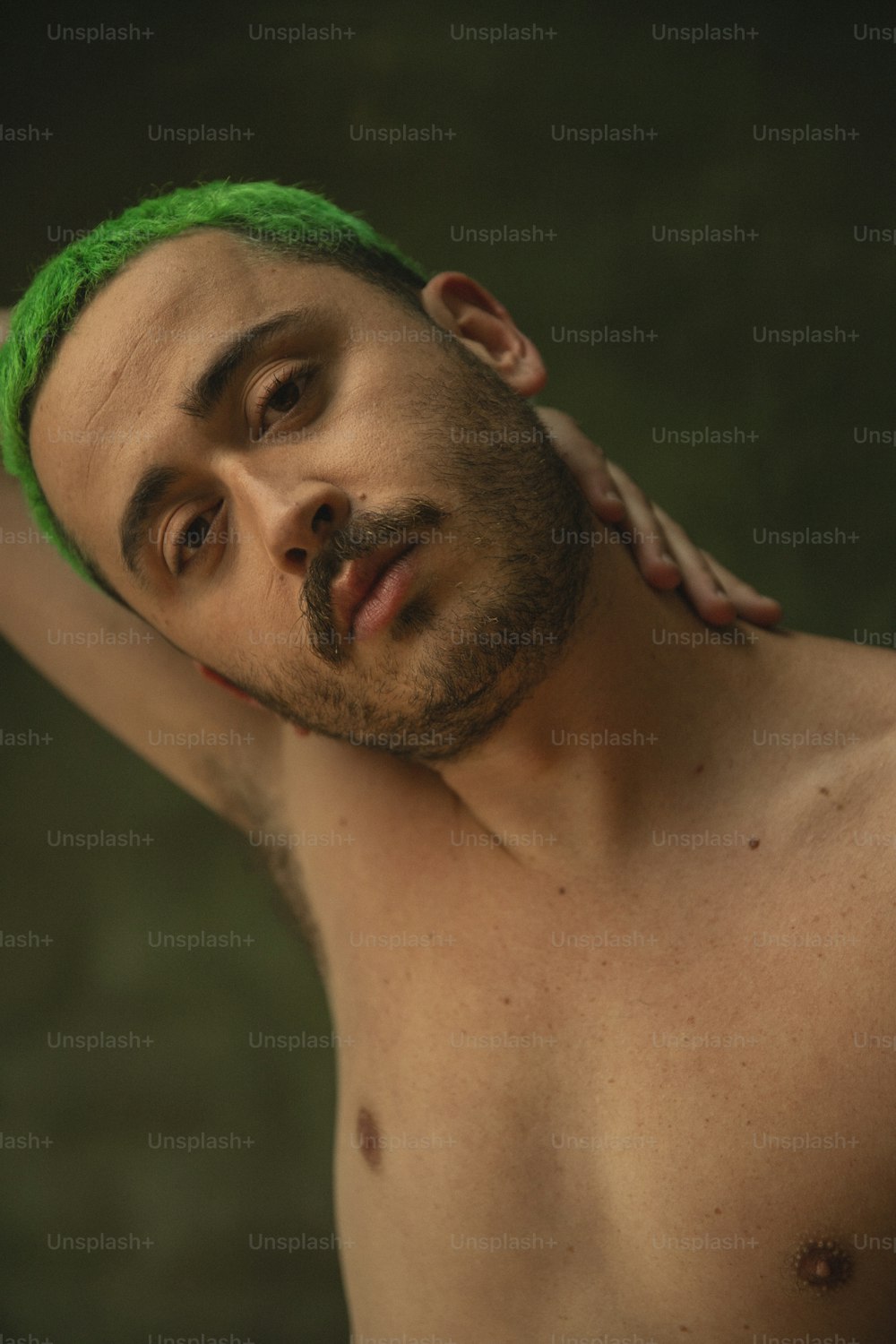 a shirtless man with green hair and a beard