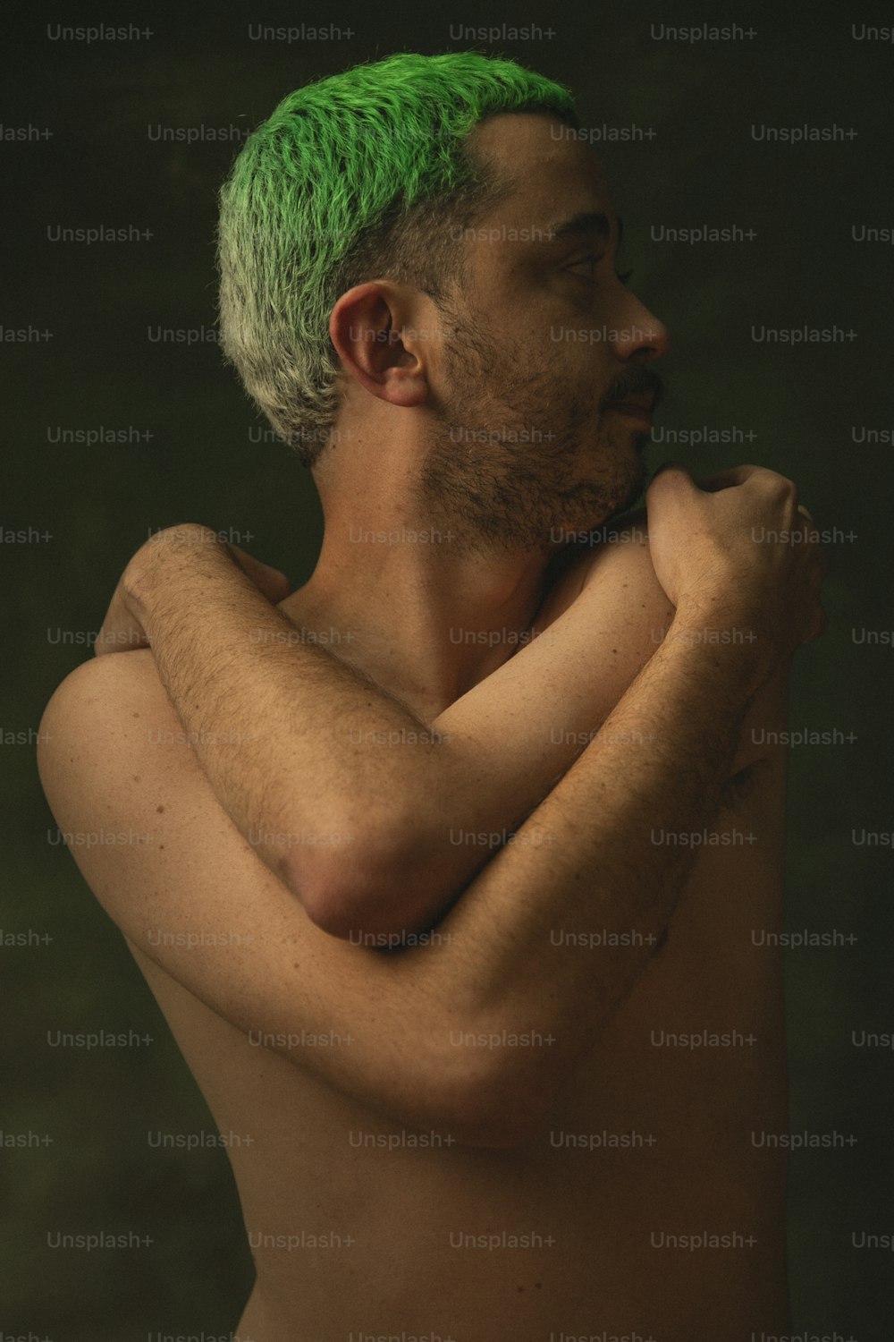 a shirtless man with green hair and no shirt