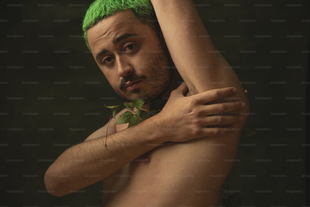 a shirtless man with green hair and a green mohawk