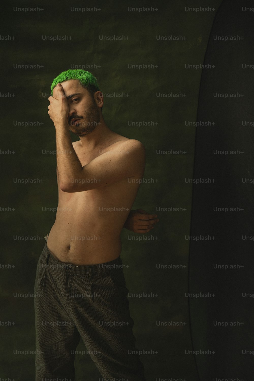 a shirtless man with a green mohawk on his head
