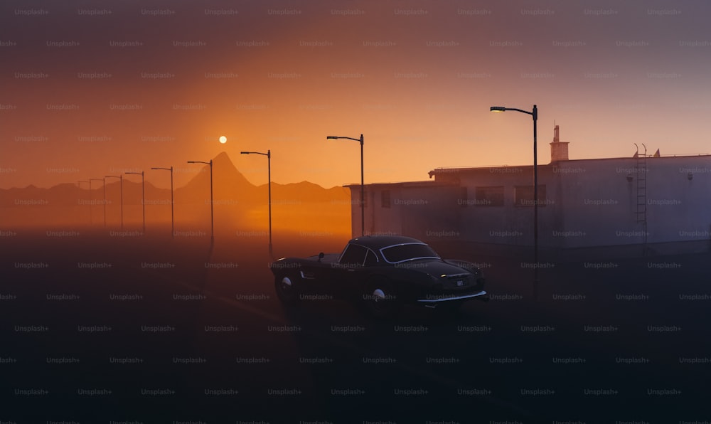 a car driving down a foggy road at sunset