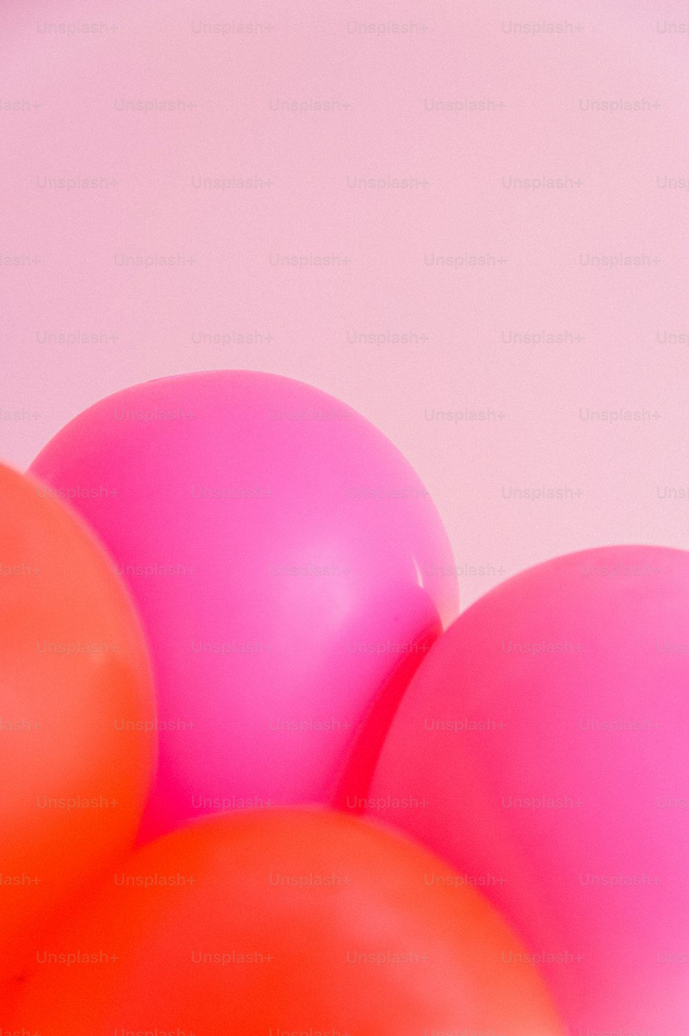 a bunch of pink and orange balloons against a white background