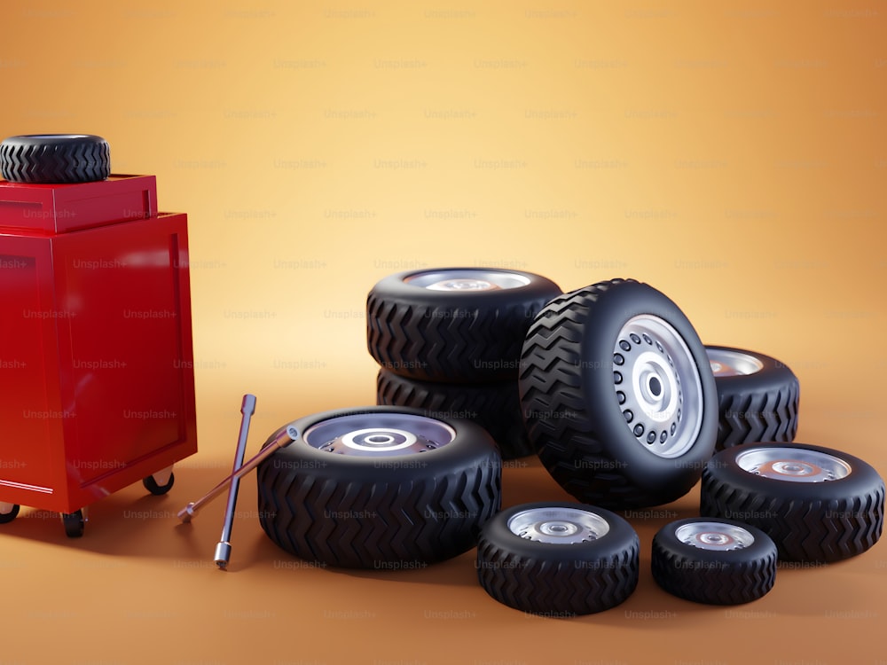a bunch of tires and a red box on a brown background