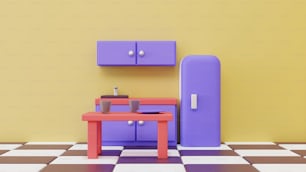 un réfrigérateur violet assis à côté d’une table sur un sol à carreaux