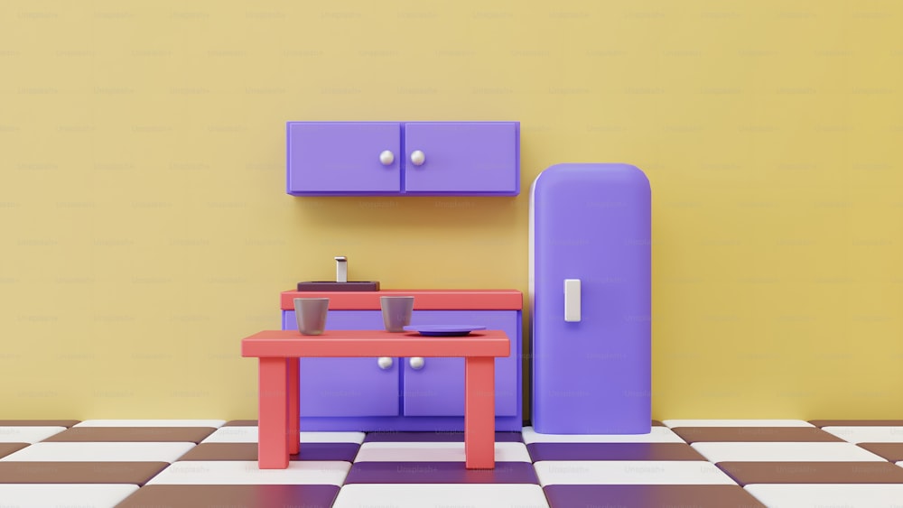 Un refrigerador púrpura sentado junto a una mesa en un piso a cuadros