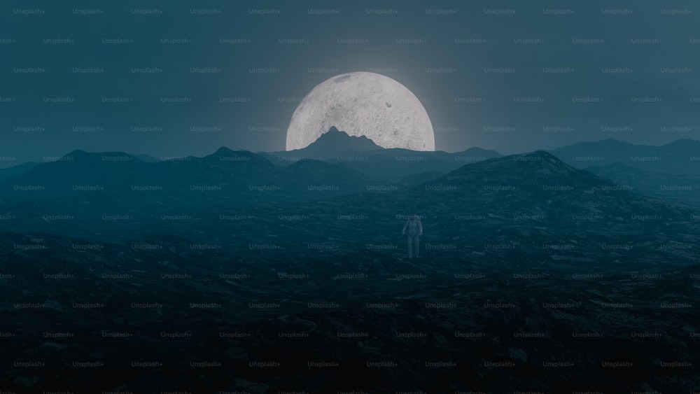 a man standing on top of a mountain under a full moon