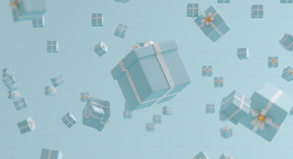 a blue box with a bow is surrounded by small boxes