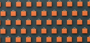 a wall with many orange bags on it