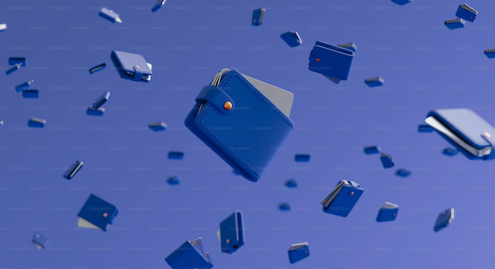 a bunch of blue objects floating in the air
