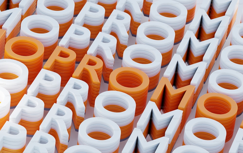 a large group of orange and white letters