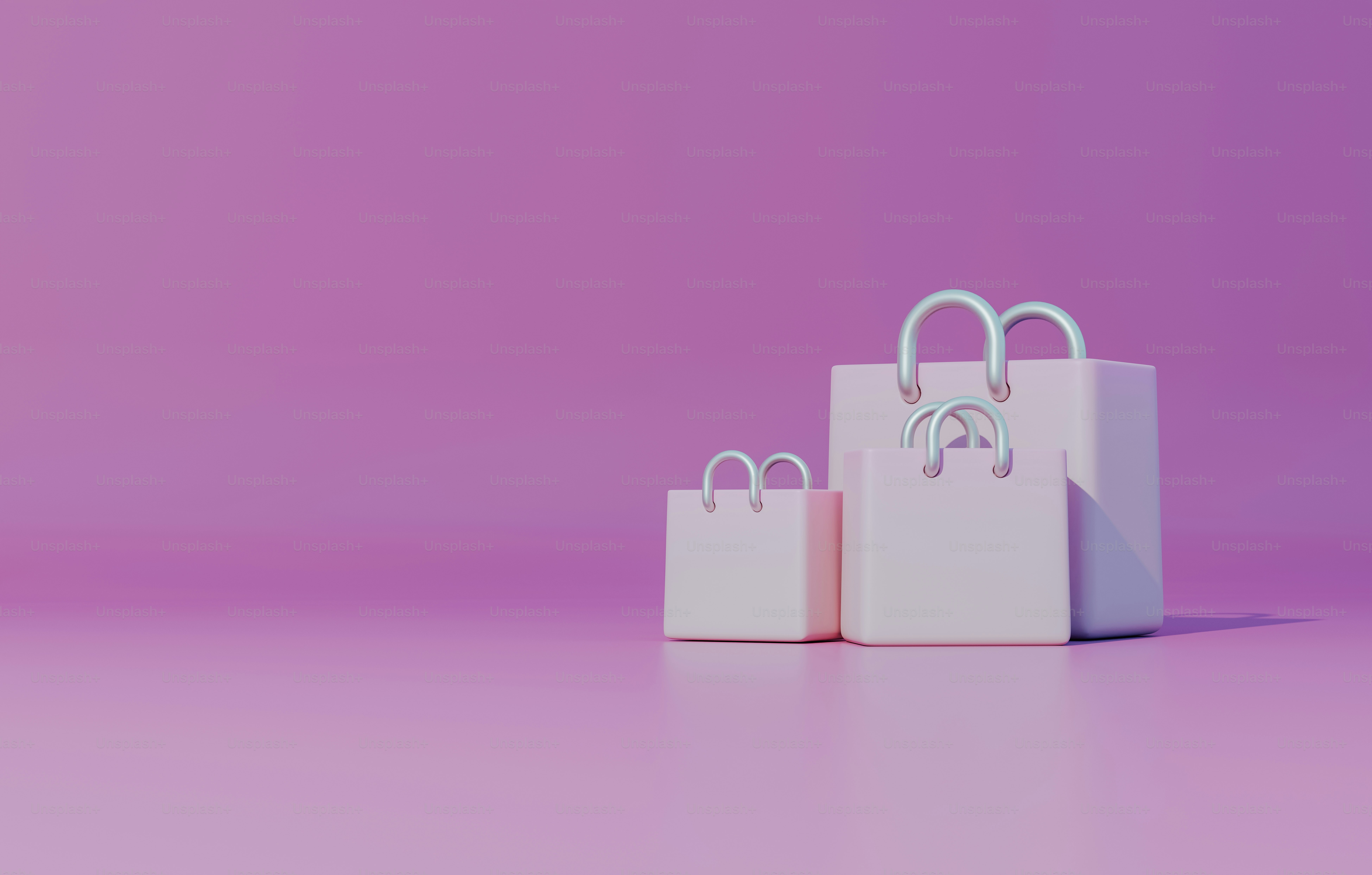 three white shopping bags on a purple background