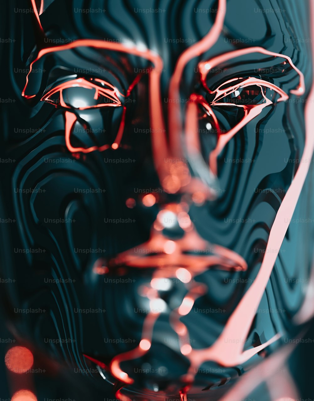 um close up do rosto de uma pessoa com luzes vermelhas