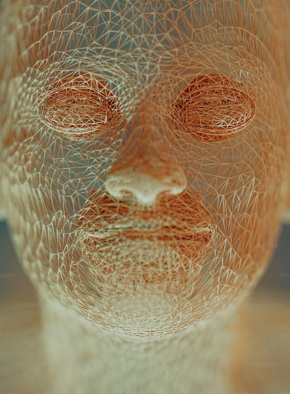 Una scultura metallica del volto di un uomo con gli occhi chiusi