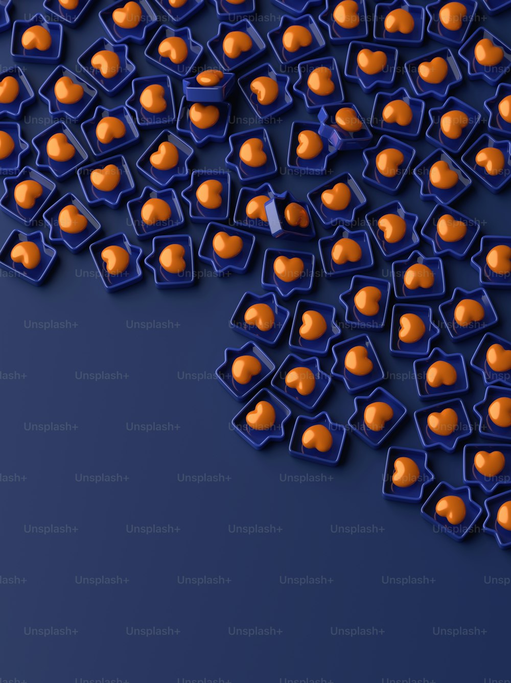 a bunch of orange hearts on a blue background