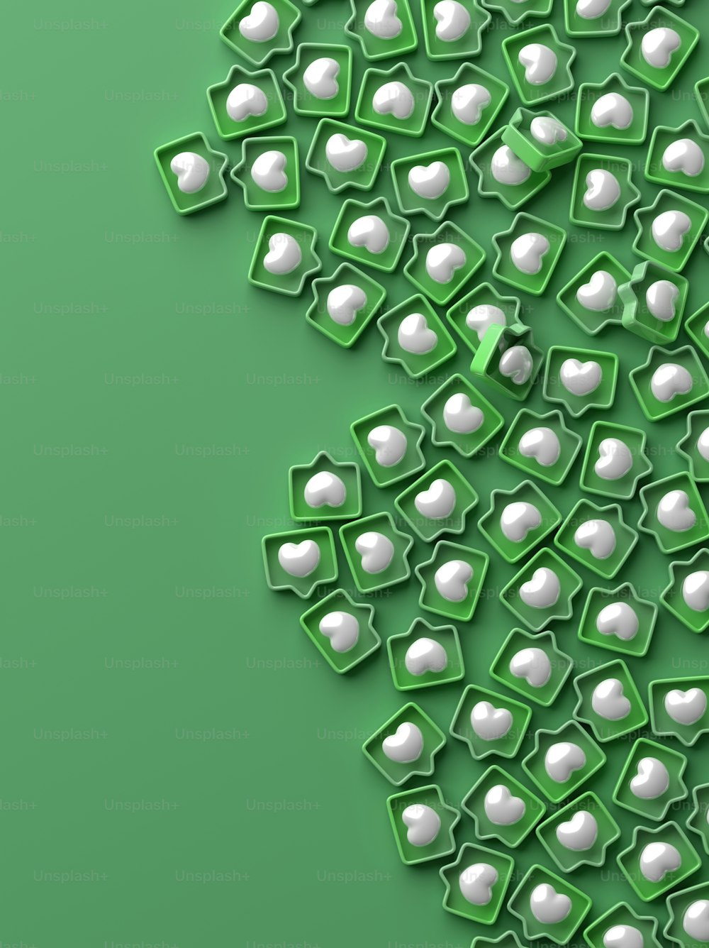 a bunch of white hearts on a green background