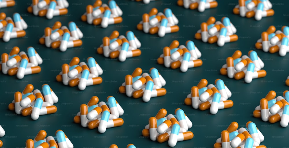 a lot of pills that are sitting on a table