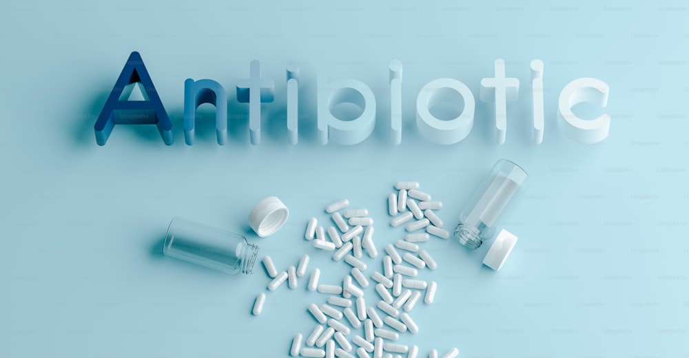 a blue background with white letters and pills