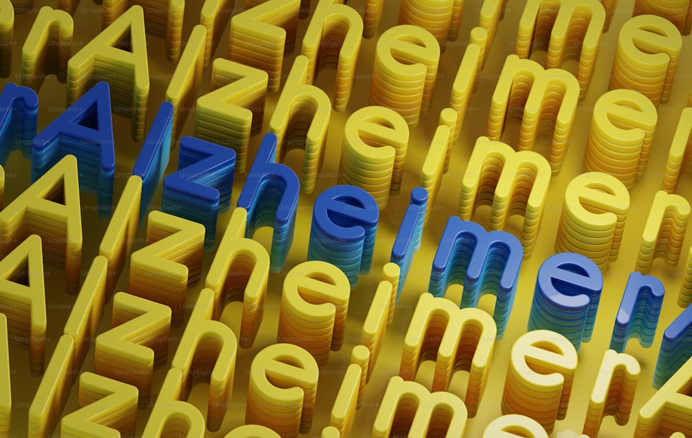 a close up of a yellow and blue type of text
