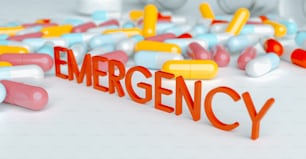 a group of pills sitting next to the word emergency