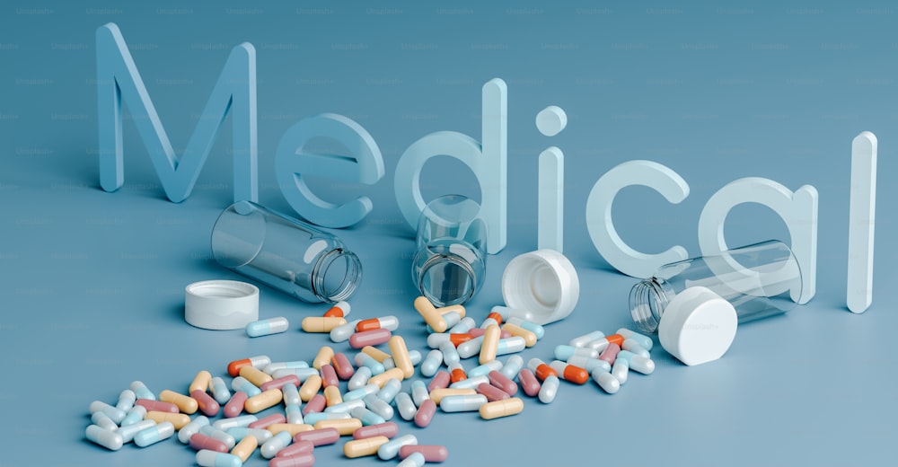pílulas médicas derramando para fora de um recipiente médico