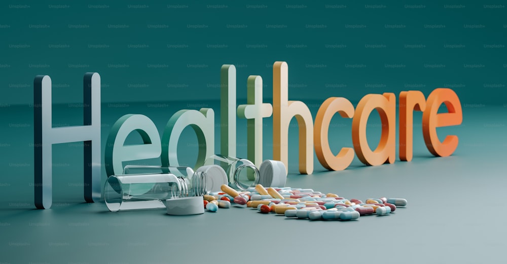 a pile of pills sitting next to the word healthcare