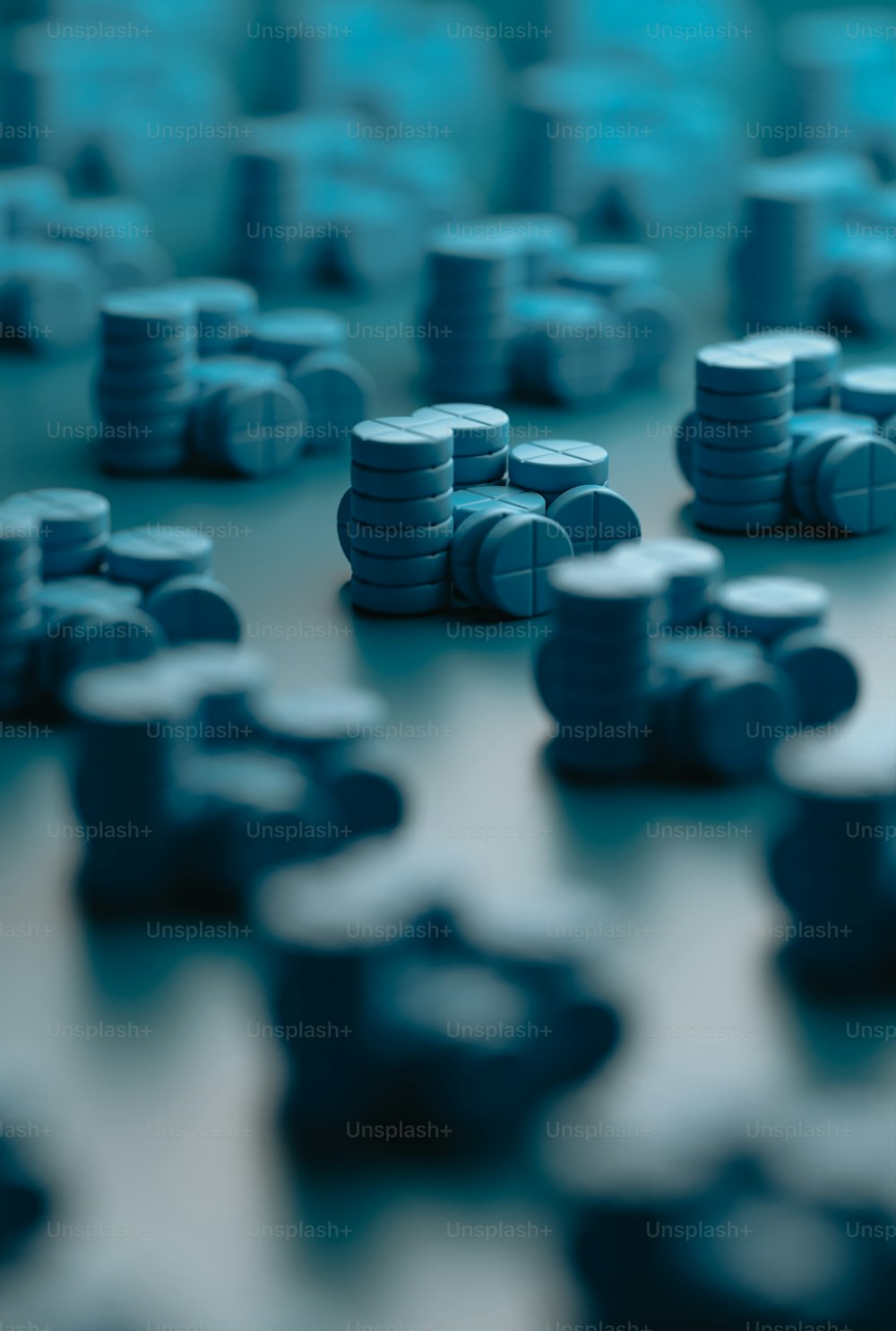 a bunch of blue and white buttons on a table