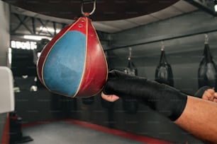 a person is holding a red and blue boxing bag