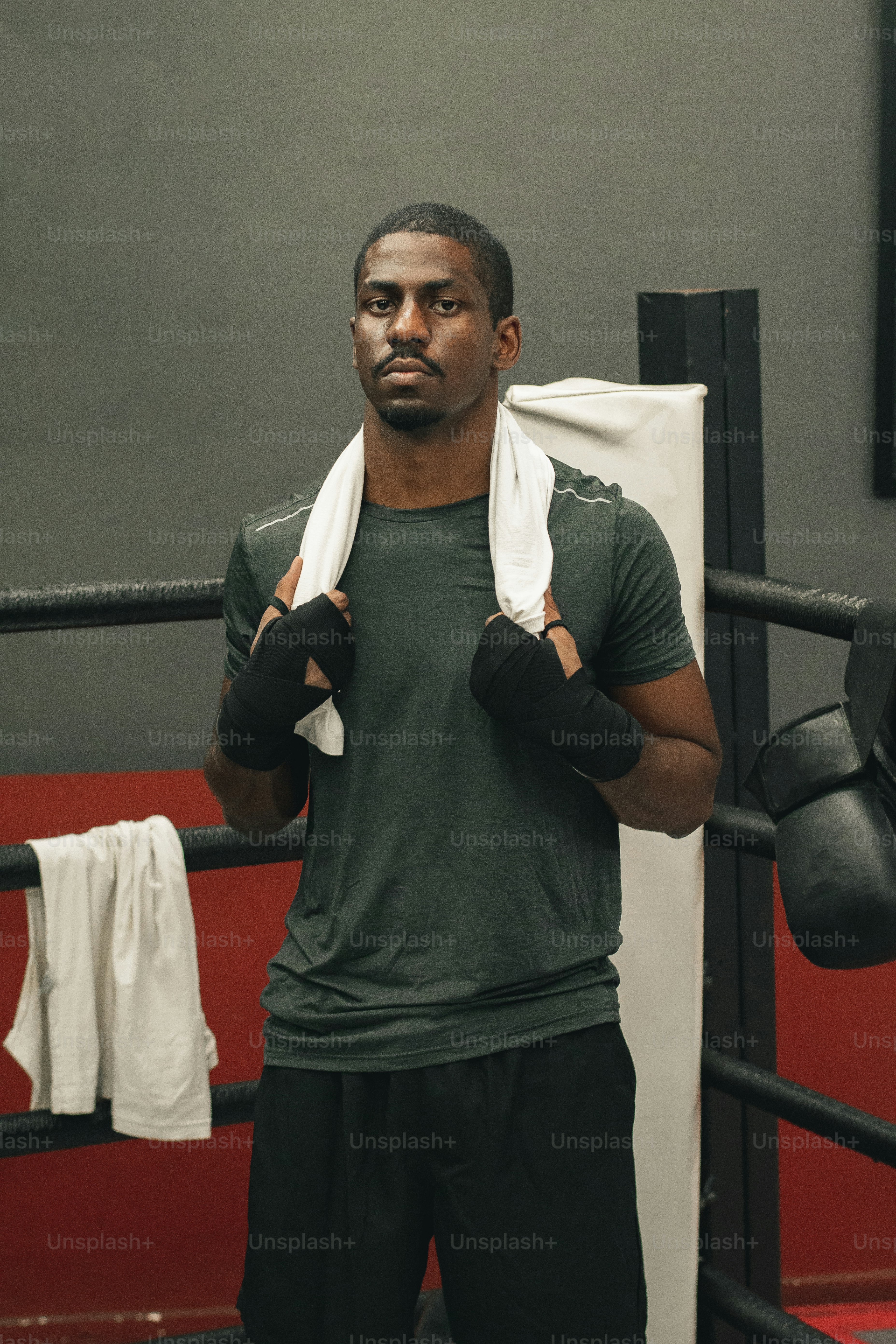 Un uomo in piedi in un ring di boxe con un asciugamano