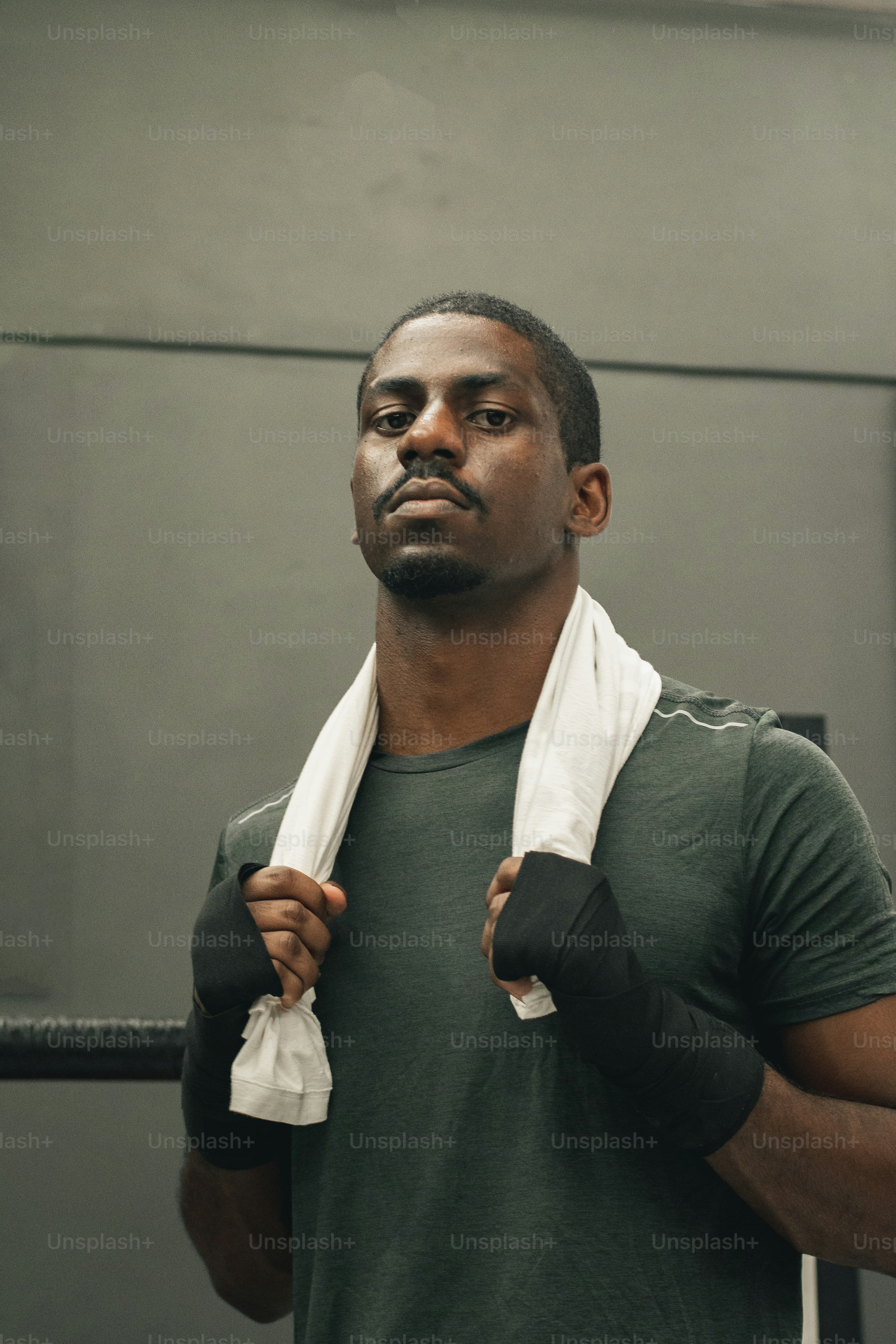 a man in a green shirt holding a white towel