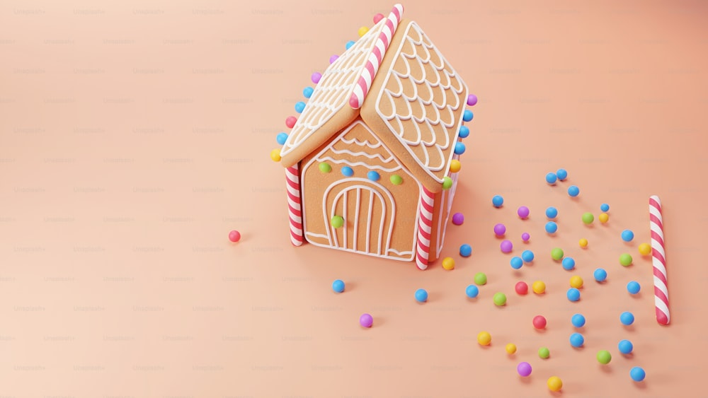 a gingerbread house surrounded by sprinkles and candy canes