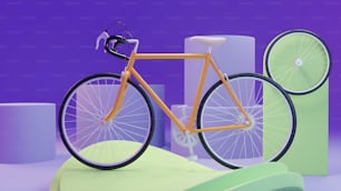 a yellow bicycle is standing next to a purple background