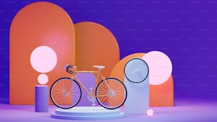 Una bicicletta è in piedi su un piedistallo di fronte a uno sfondo viola
