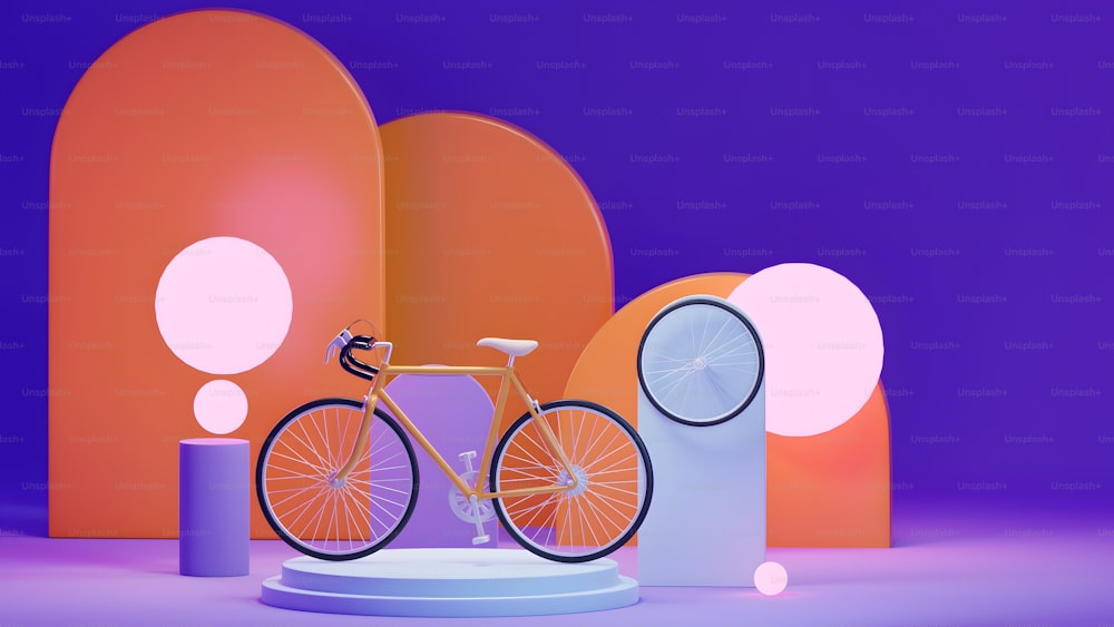 a bike is standing on a pedestal in front of a purple background
