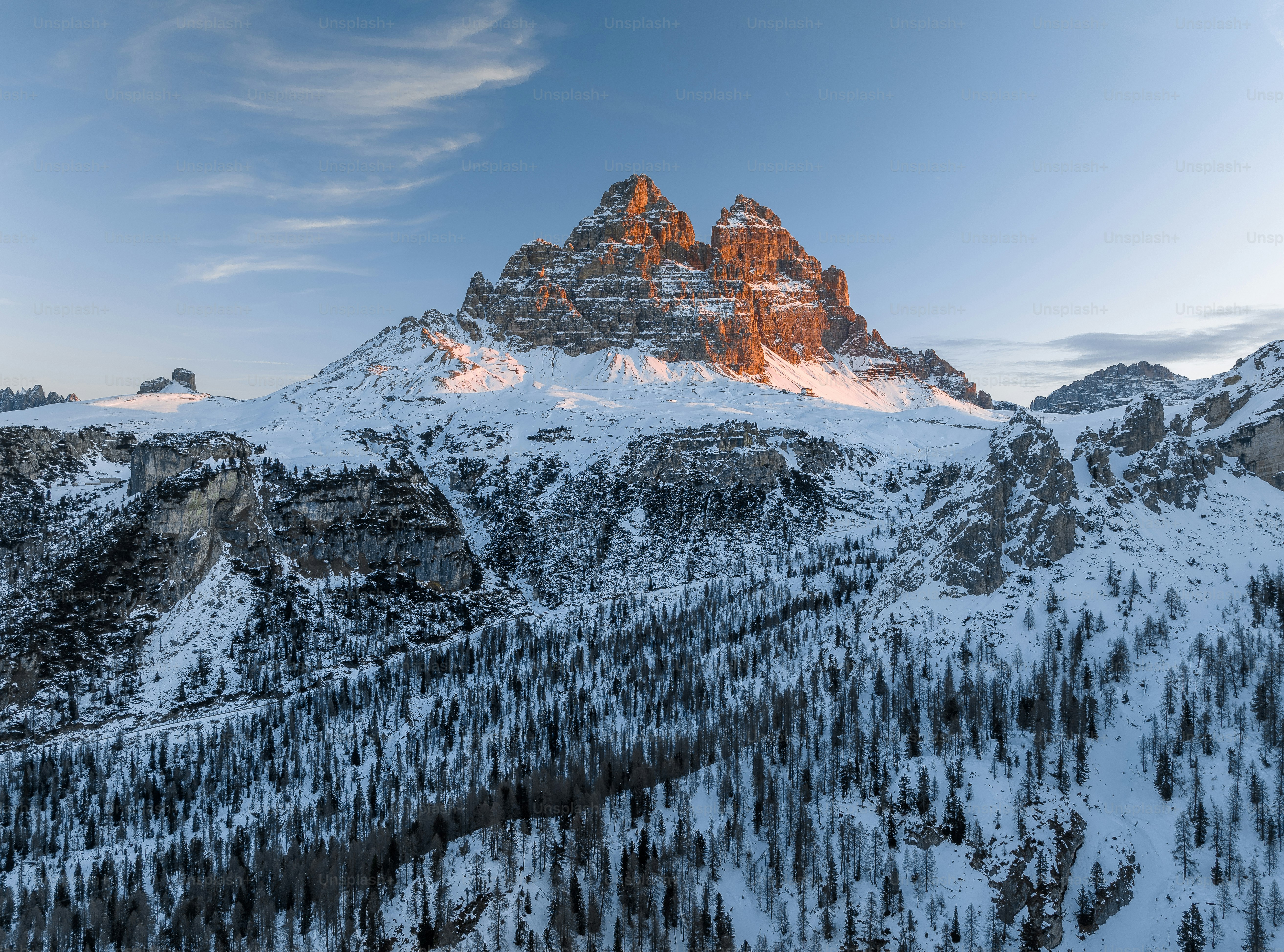 uma montanha coberta de neve com árvores e um fundo do céu