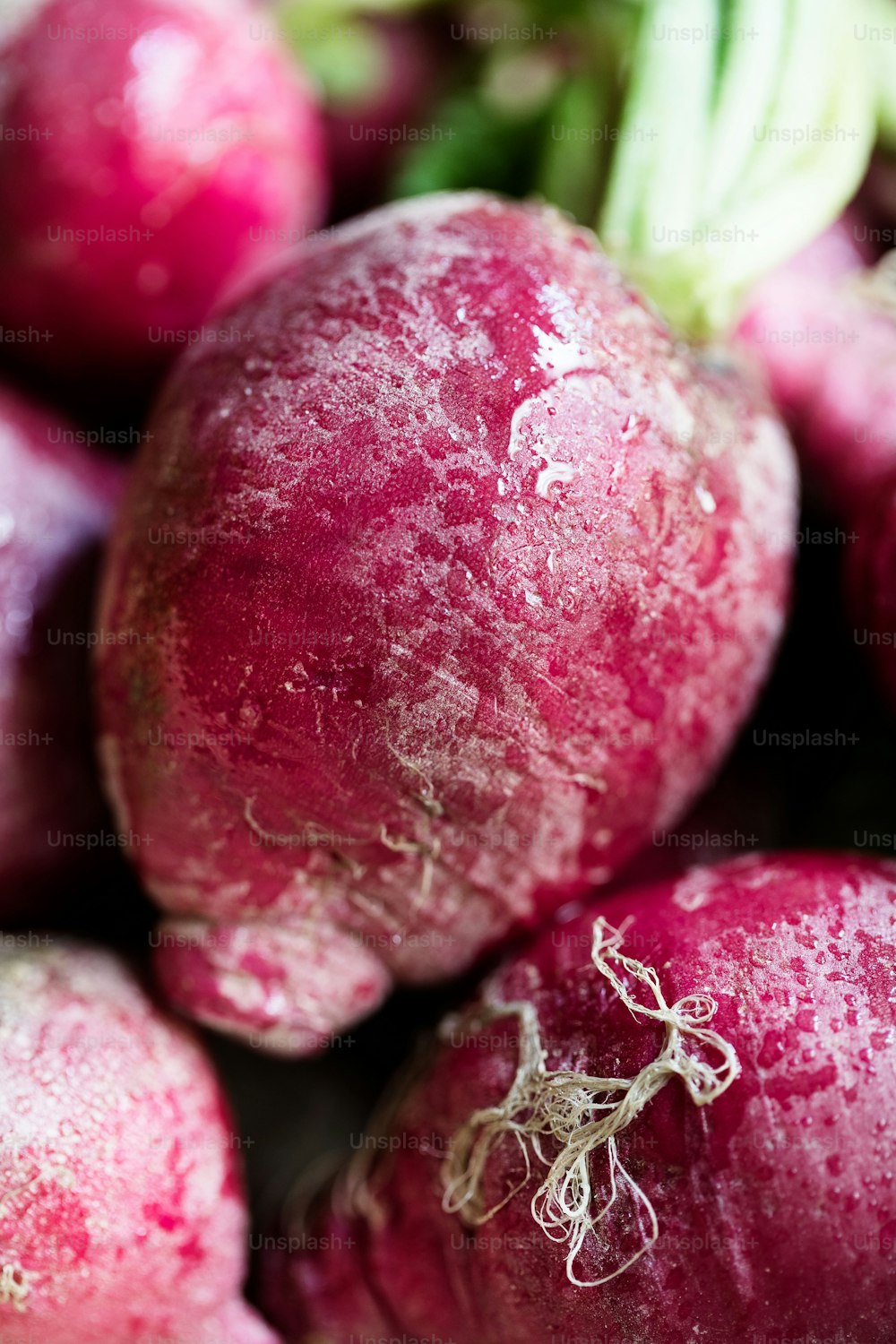 a pile of red radishes sitting on top of each other