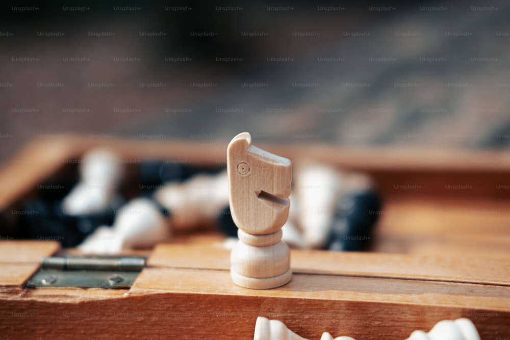 a close up of a wooden chess set