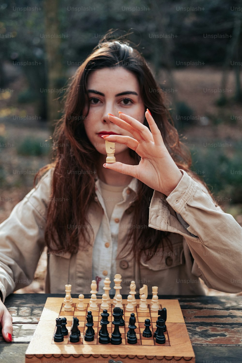 Eine Frau sitzt an einem Tisch mit einem Schachbrett