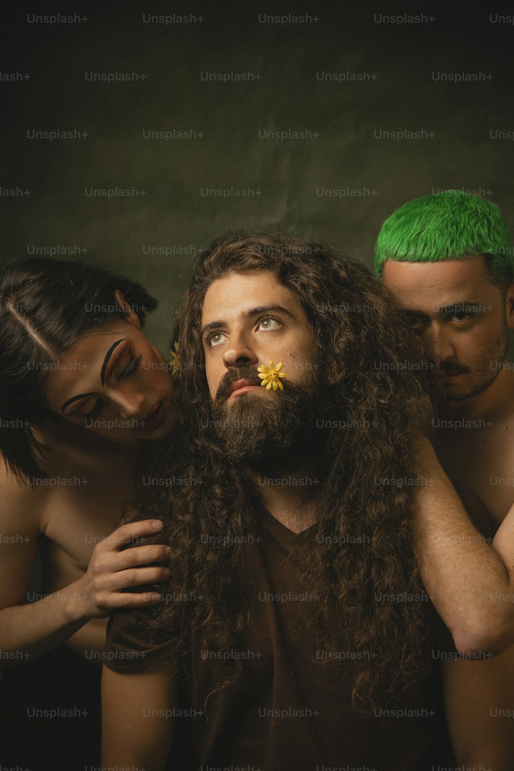 a group of people with long hair and green hair